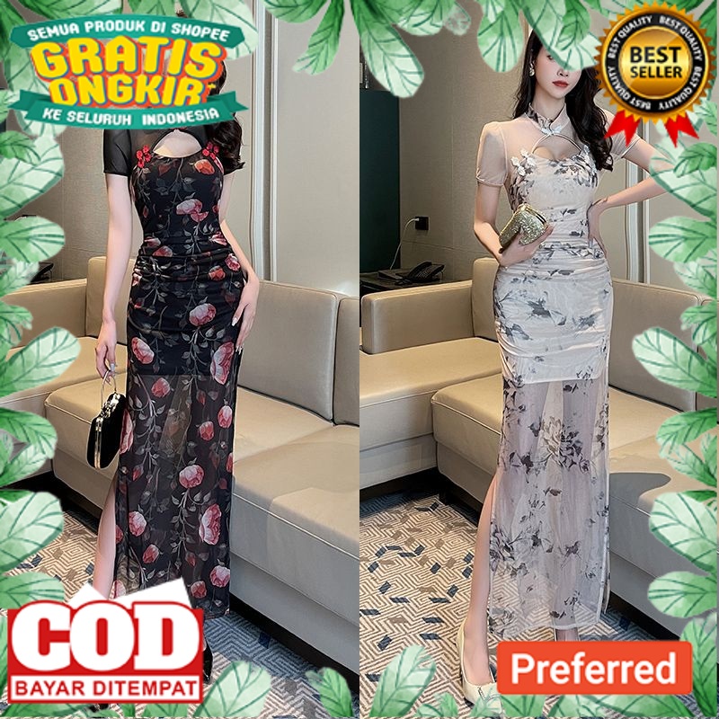 Chinese style printed cheongsam, sexy buttocks wrapped, slimming high-end evening dress//BAJU IMLEK 