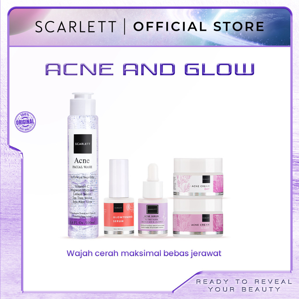Scarlett Whitening Skincare 5Pcs Acne & Glow Kulit Berjerawat Whitening facial Wash Sabun Pencuci Mu
