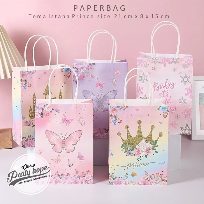 

paper bag gliter / kantong kertas motif princes / tas souvenir ultah / tas kado elegant