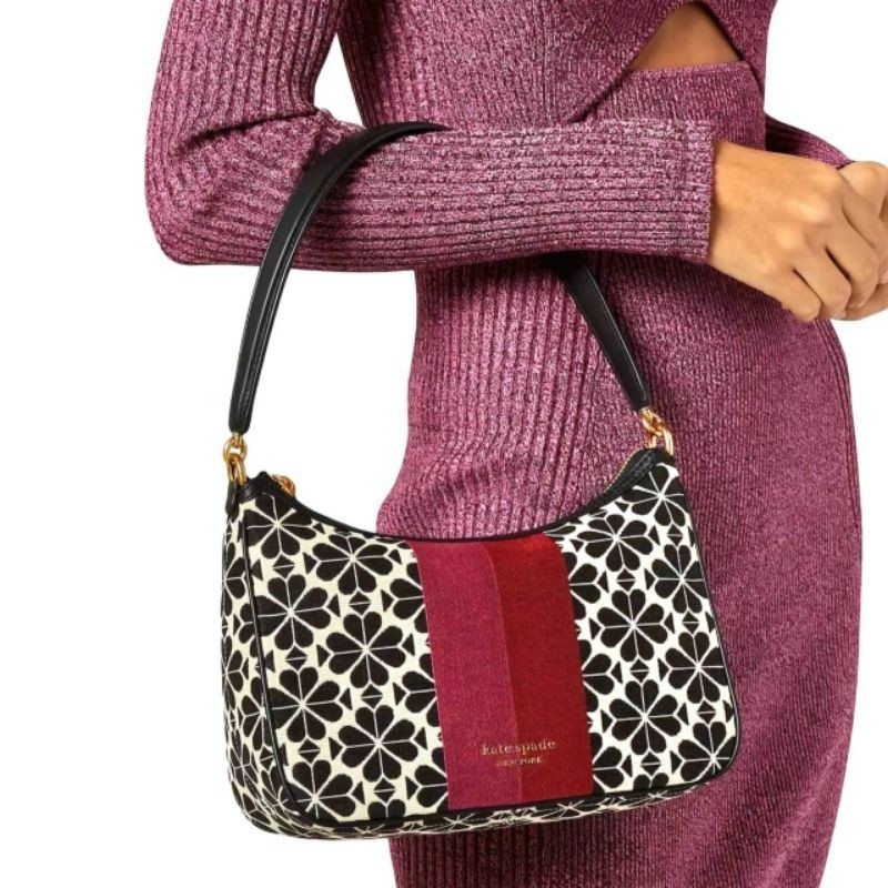KS Spade Flower Jacquard Stripe Sam Small Convertible Shoulder Bag Premium Quality Tas Bahu Selempan