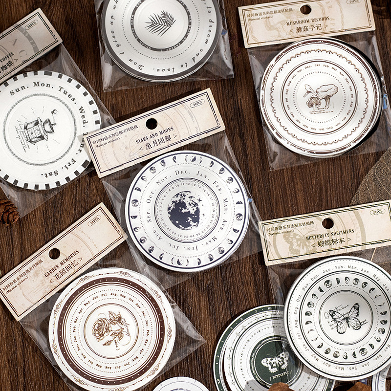 

Journal GO 24pcs/pack Time Story Scrapbooking Vintage Round Stickers for Collage Journaling Retro Label Craft Diy Supplies