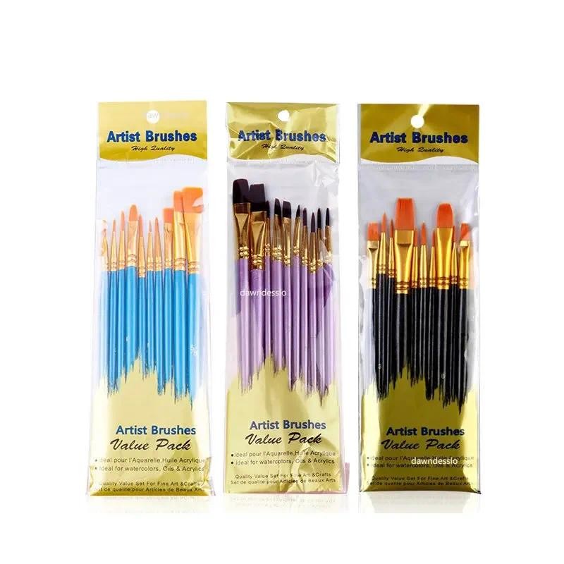 

10 pcs Art Brushes Supplies Stationery Artist Purple Nylon Paint Brush Professional Watercolor Acrylic Wooden Handle Painting