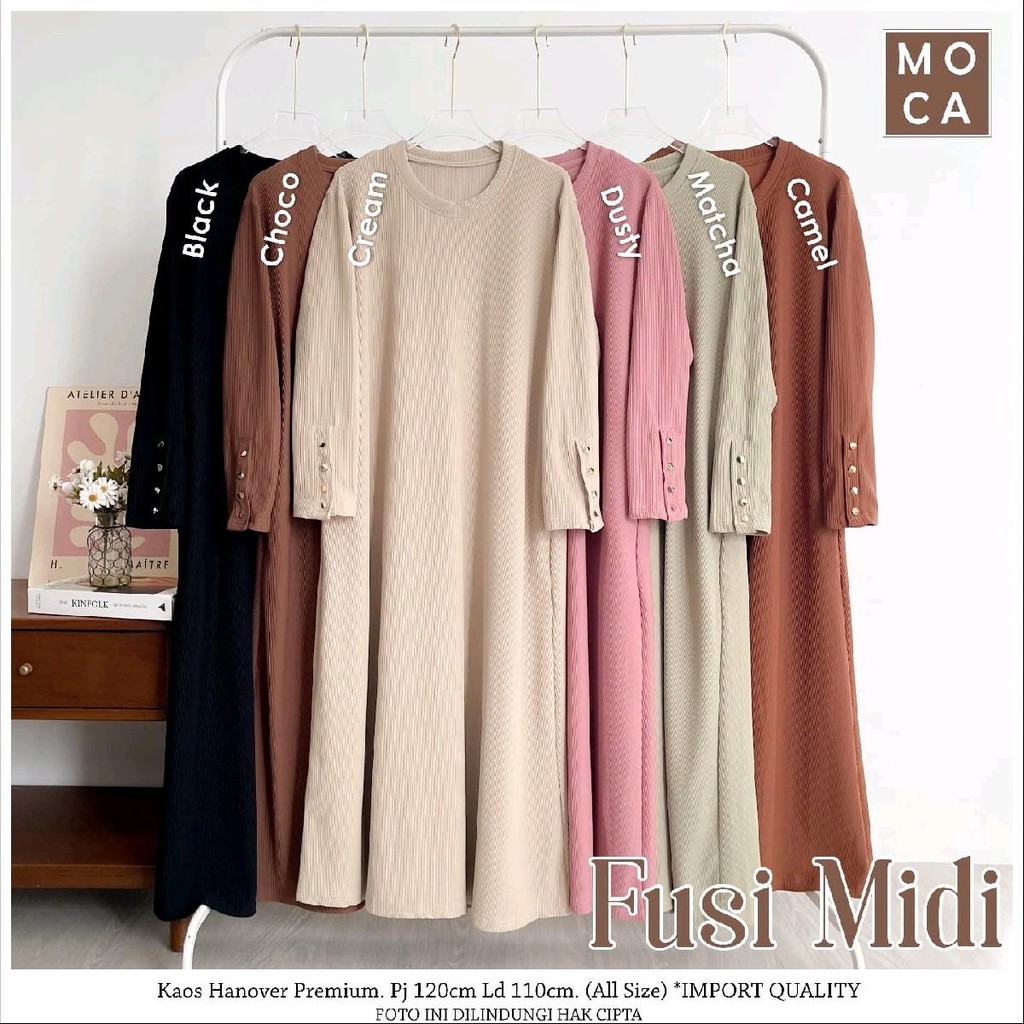 FUSI DRESS MIDI FASHION CASUAL WANITA MUSLIM BAHAN KAOS HANOVER PREMIUM ORI BY MOCA