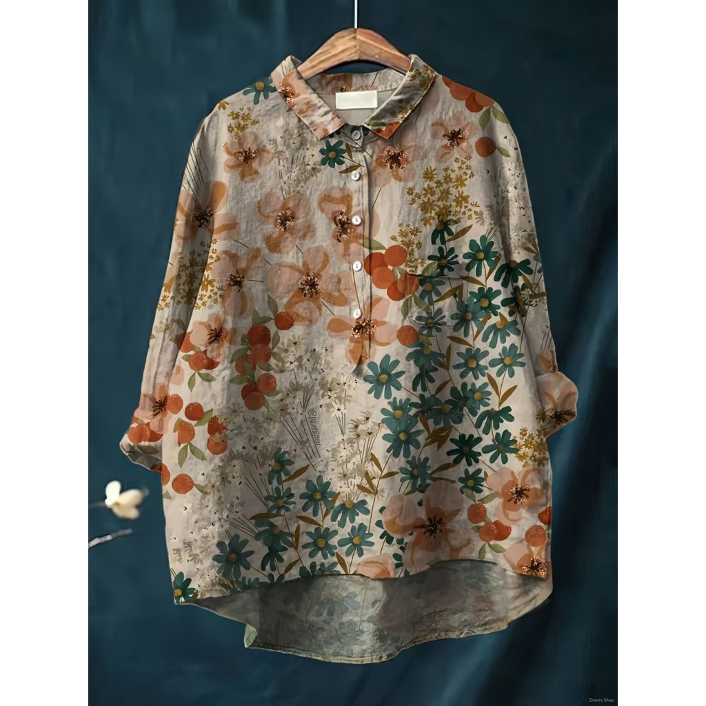 New Casual Hawaiian Long Sleeve Women's Shirt Cotton Linen Plus Size Top