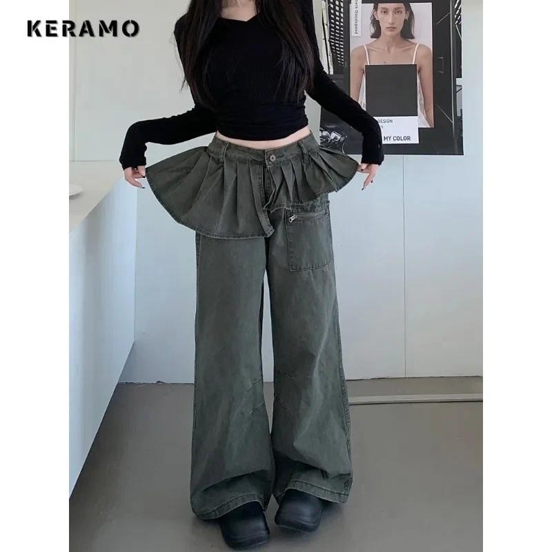 American Retro High Waist Sweet Street Skirt Jean Pockets Baggy Mop Pants Women's Emo Casual Y2K Was