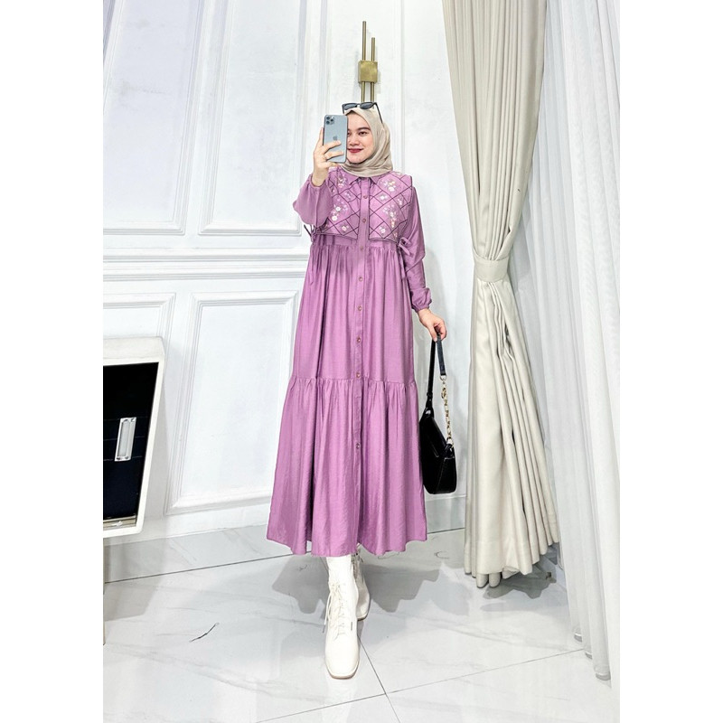 DISKON Midi dress polo linen bordir -  midi dress bordir terbaru- midi dress
