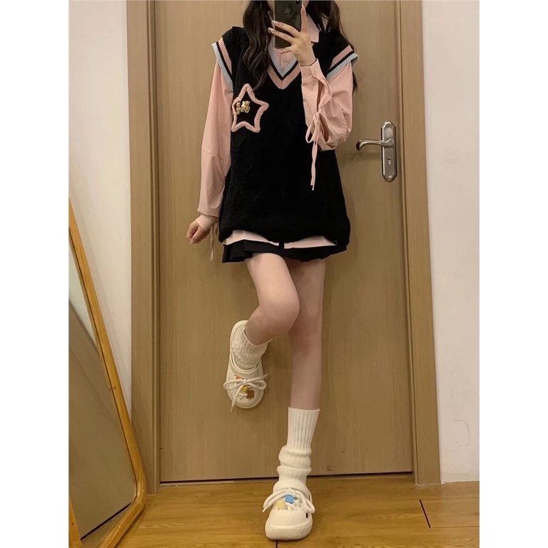 Three Piece Set American Lazy Sweater Knitted Vest Academy Style Loose Light Shirt Pleated Skirt