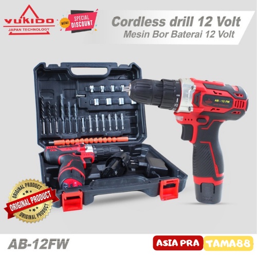 YUKIDO Red 12V 36V  Mesin Bor Cordless bor listrik 2 baterai set - 12V  1Baterai BOR TAMPA KABEL BOR
