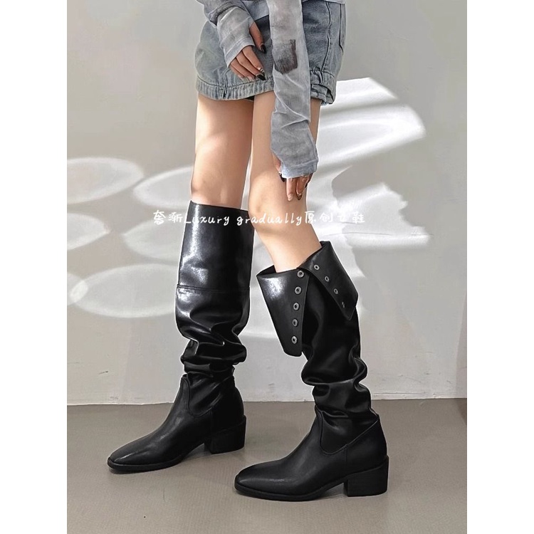 Women's retro knee length boots, high tube Western cowboy boots, knight boots