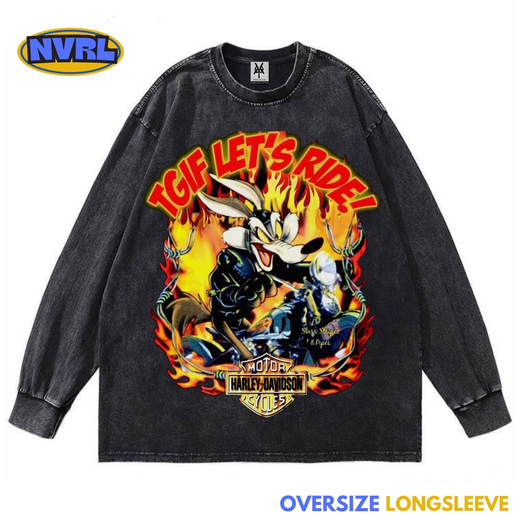 Kaos oversize longsleeve Harley Davidson lets ride sweeper washed washing vintage tee