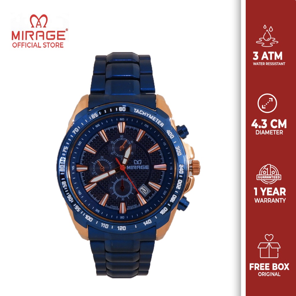 Mirage Watch Jam Tangan Pria Original Sporty Biru Rosegold 8305 M Analog Water Resist Bergaransi