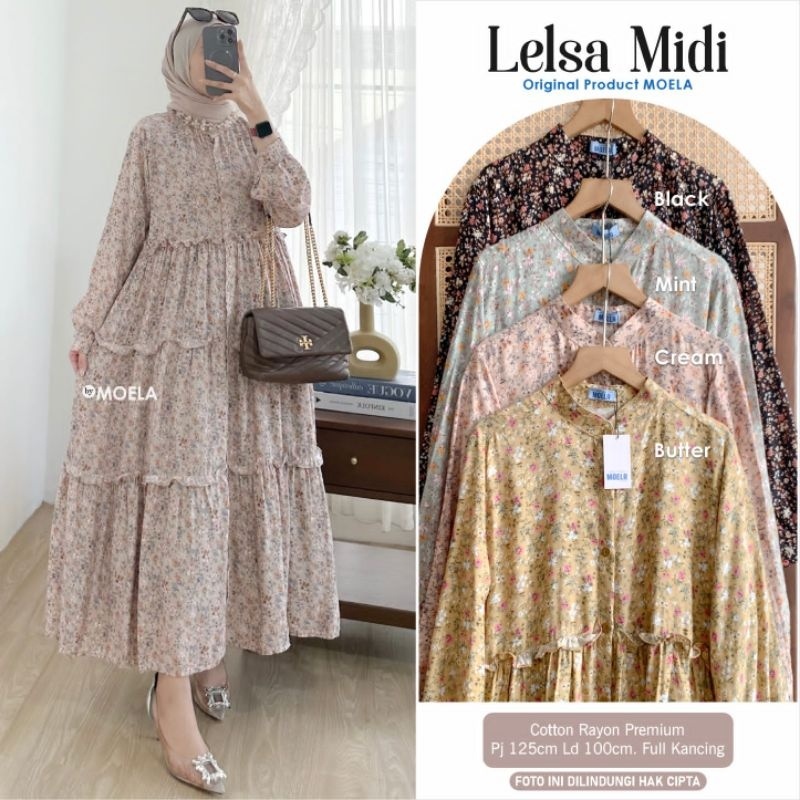 LELSA MIDI DRESS / GAMIS WANITA 4 WARNA MOTIF CANTIK ORIGINAL BY MOELA