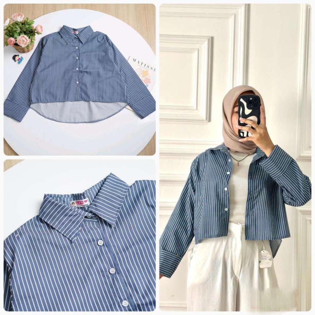 CASHA - ZFS KEMEJA WANITA AURA / ZIGGY CROP / Atasan Kemeja Garis Lengan Panjang / OOTD Kasual Kemej