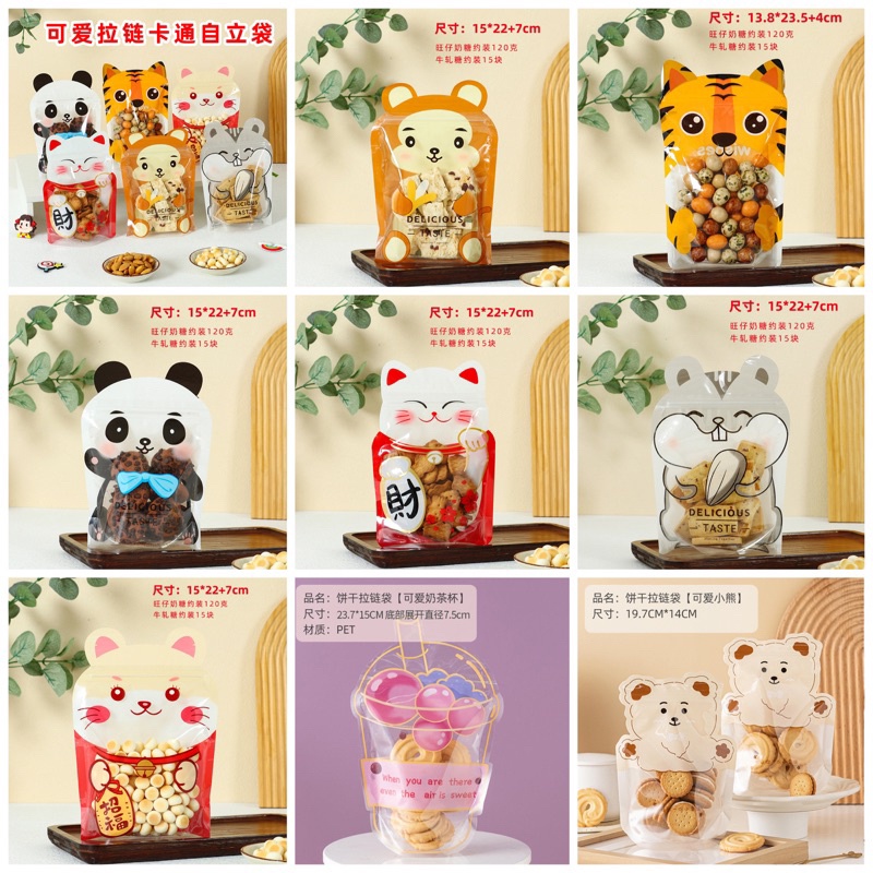 

(Yunita) ( 10 pcs) ZIPPER BAG MAKANAN KARAKTER ANIMAL /PLASTIK KLIP KUE PPERMEN PANDA LUCKY CAT TIGER