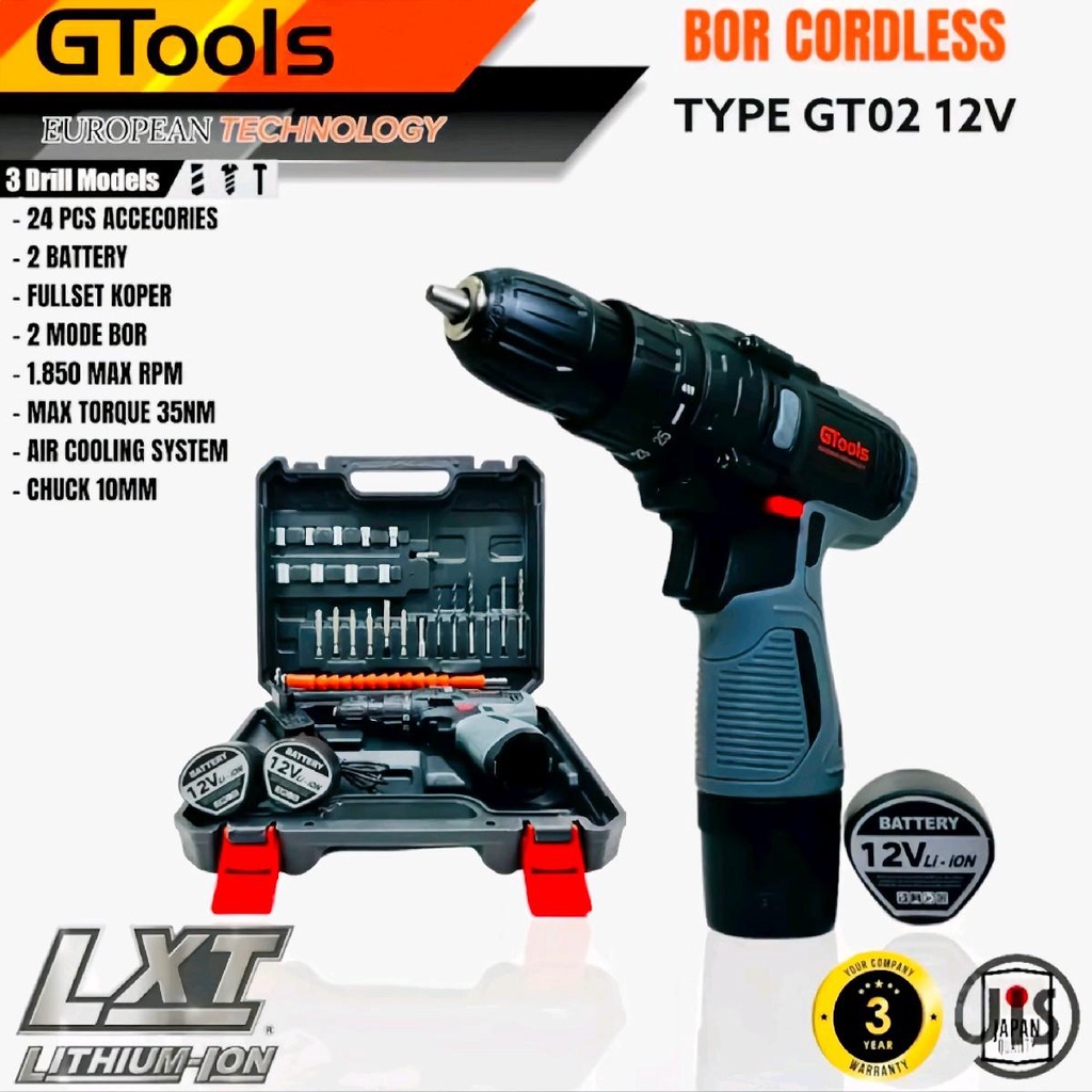 Bor Cordless Drill GTOOLS GT 02 Bor Fullset 2 baterai