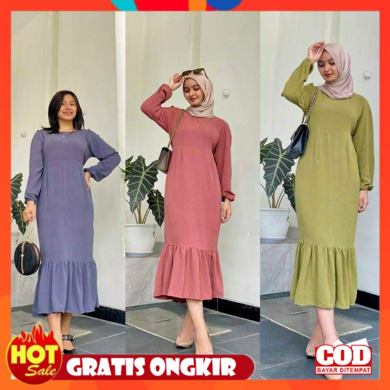 KAIN ADEM HALUS TEBAL / Siskania Midi Dress Kekinian Rempel Bawah Crinkle Ariflow Gamis Wanita Long 