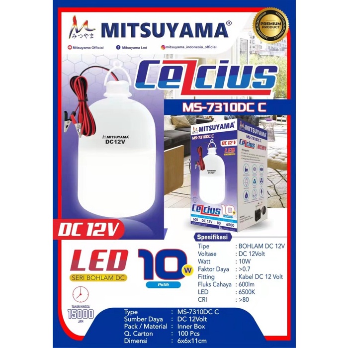 Bohlam Lampu LED DC 12V 10 Watt Aki Jepit Mitsuyama MS-7310DC Celcius