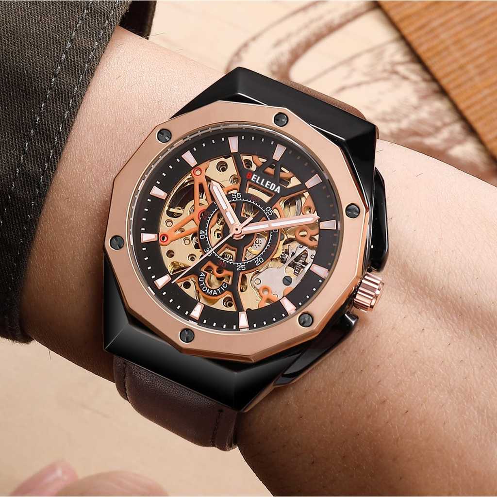 Belleda Jam Tangan Pria Automatic SN 9476 Tali Kulit Fashion  Collection Mewah Tahan Air Original