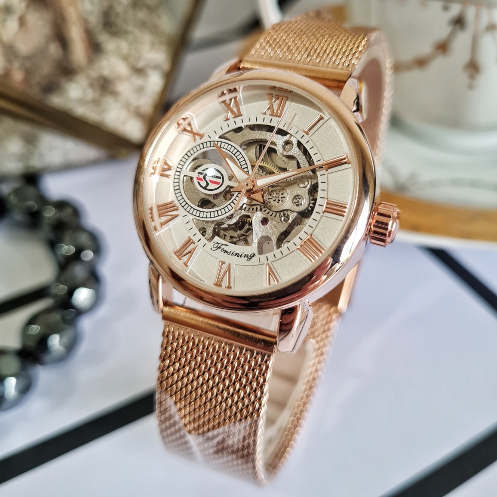 COD FORSINING Glory Gold Rose Jam Tangan Wanita Original Automatic Otomatis Mechanical Mekanik Skele