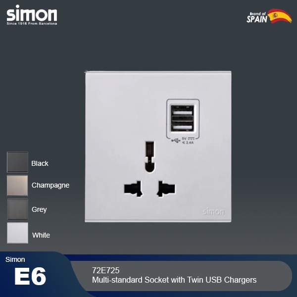 SIMON E6 Socket Multi-standard Socket with Twin USB Chargers 72E725