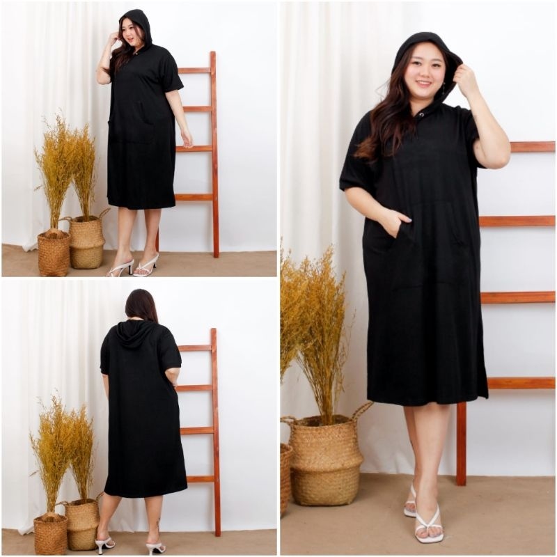 LD 140 TUNIK MIDI DRESS DASTER KAOS SUPER JUMBO BIGSIZE OVERSIZE HOODIE BASIC POLOS HITAM LENGAN PEN