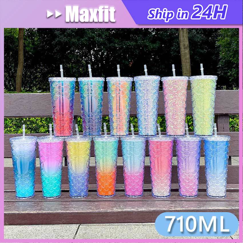 710Ml Starbucks Tumbler Cangkir Jerami Dua Lapisan Tebal Fish Scale Straw Cups Mermaid Cold Cup Tumb