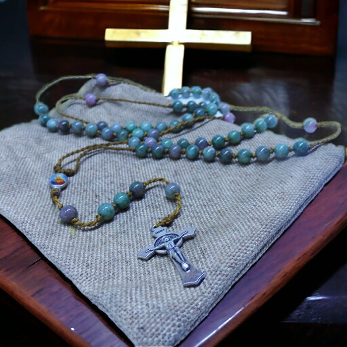Kalung Tasbih Manik Batu Alam Indian Agate 6mm Tali Poliester Nilon Bandul Besi untuk Ibadah