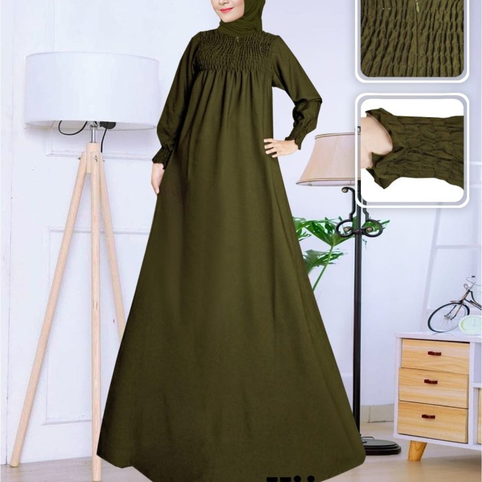 gamis wanita model smoc warna hijau army