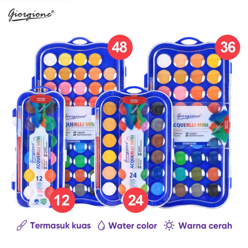 

BOBOMART GIORGIONE CAT AIR WATER COLOR PAIN 1 Set 12/24/36/48 WARNA CAT PADAT SOLID PAINT WARNA G-T