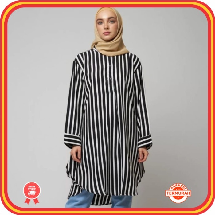 Tunik Cantik Baru Murah Wanita Baju Lebaran Kekinian /Tunik Kemeja Salur Rayon Strip Jumbo Terbaru L
