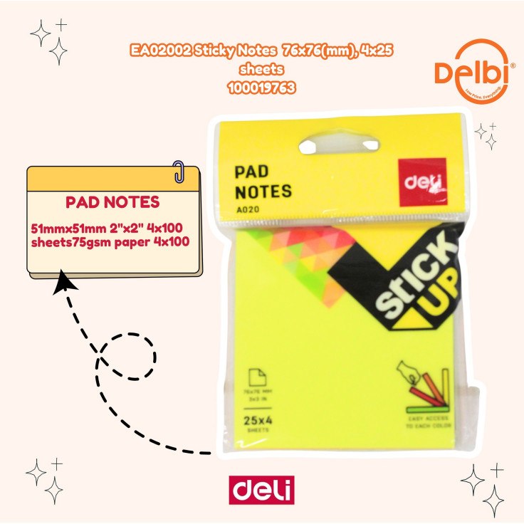 

STICKY NOTES DELI EA02002 Sticky Notes 76x76(mm), 4x25 sheets