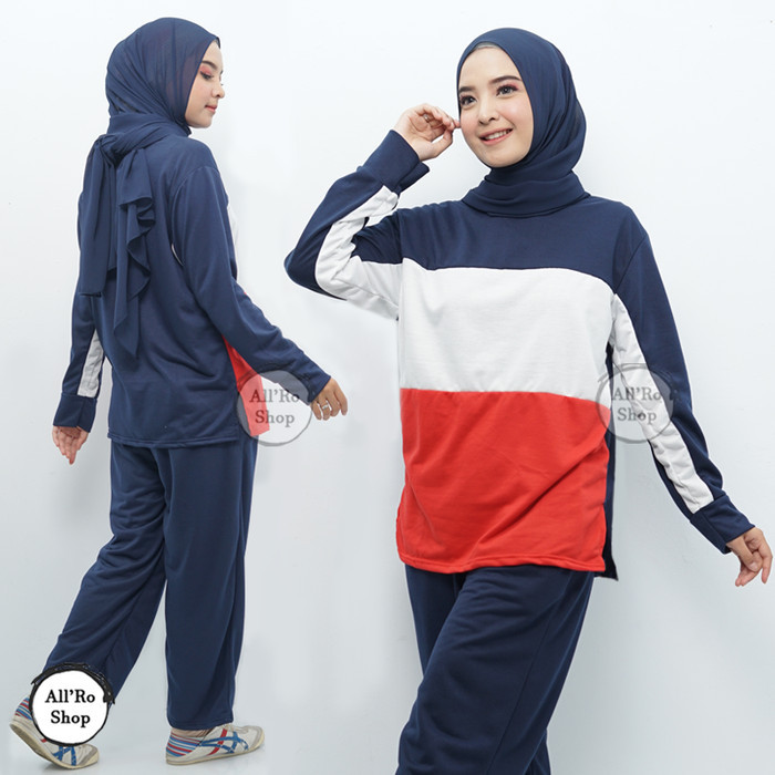 Setelan Olahraga Setcel Senam Baju Wanita Hijab Friendly Ukuran Jumbo - Merah, L /Terbaru
