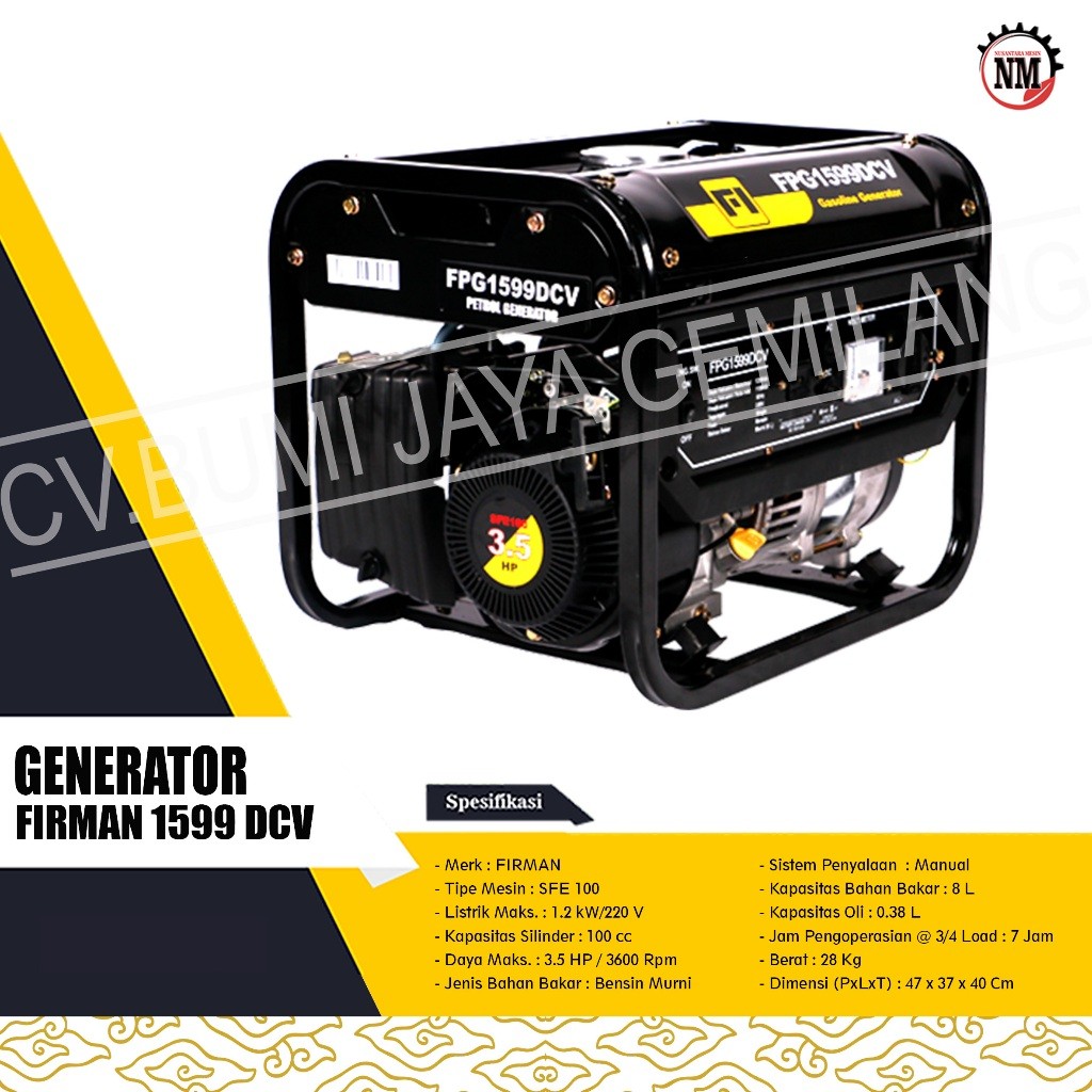 MESIN GENSET / GENERATOR FIRMAN FPG 1599 DCV 1000 WATT