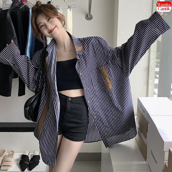 Atasan Hem Wanita Kemeja Lengan Panjang Stripe Koreaan Outerwear Longgar Ukuran Besar
