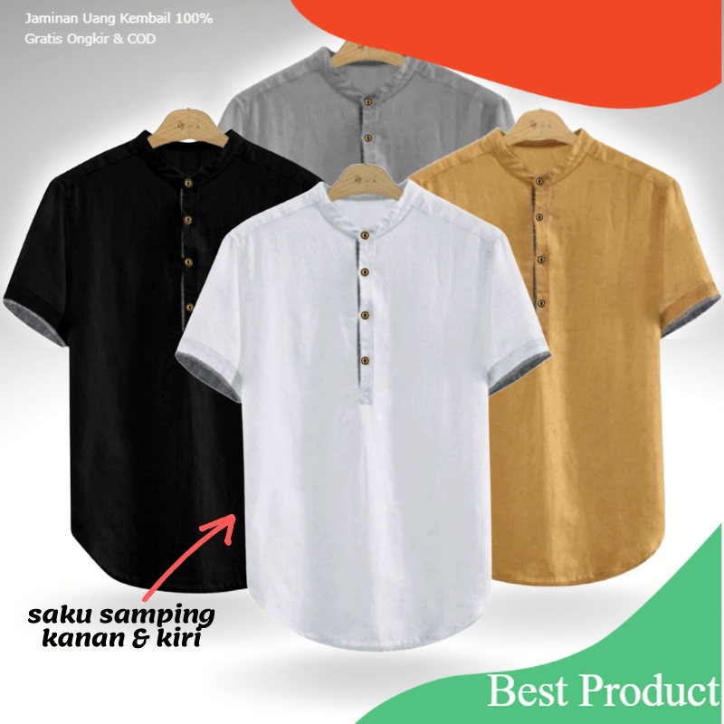 Baju Koko Pria Dewasa Kurta Taqwa Pakaian Muslim Lengan Pendek Matt Katun Adem Tebal Terlaris/ Top 1