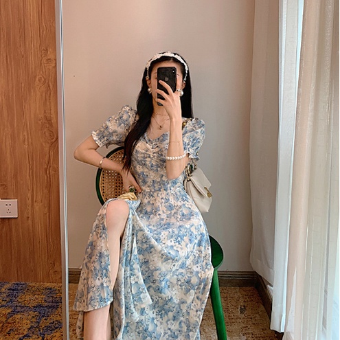 Midi Dress Panjang Rok Sebetis Lengan Balon Pendek Motif Bunga Warna Biru Langit - Dres Gaun Pakaian