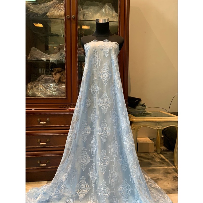 Bahan Kain Brokat Tile Keraton Etnik Diamond Warna Ice Blue Baby Blue