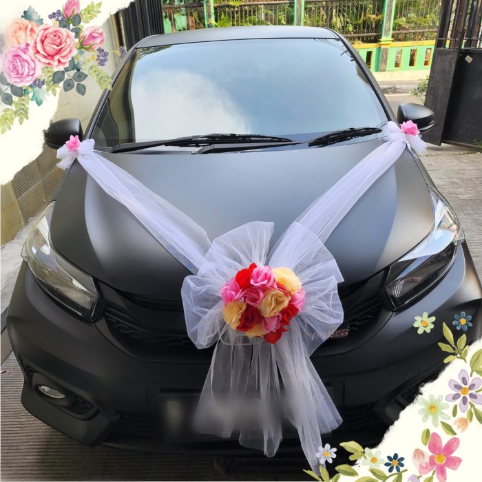 Dekorasi Kap Mobil Pengantin Pernikahan Car Tile Karangan Bunga Murah - Putih/Pink, 1 Warna Kain