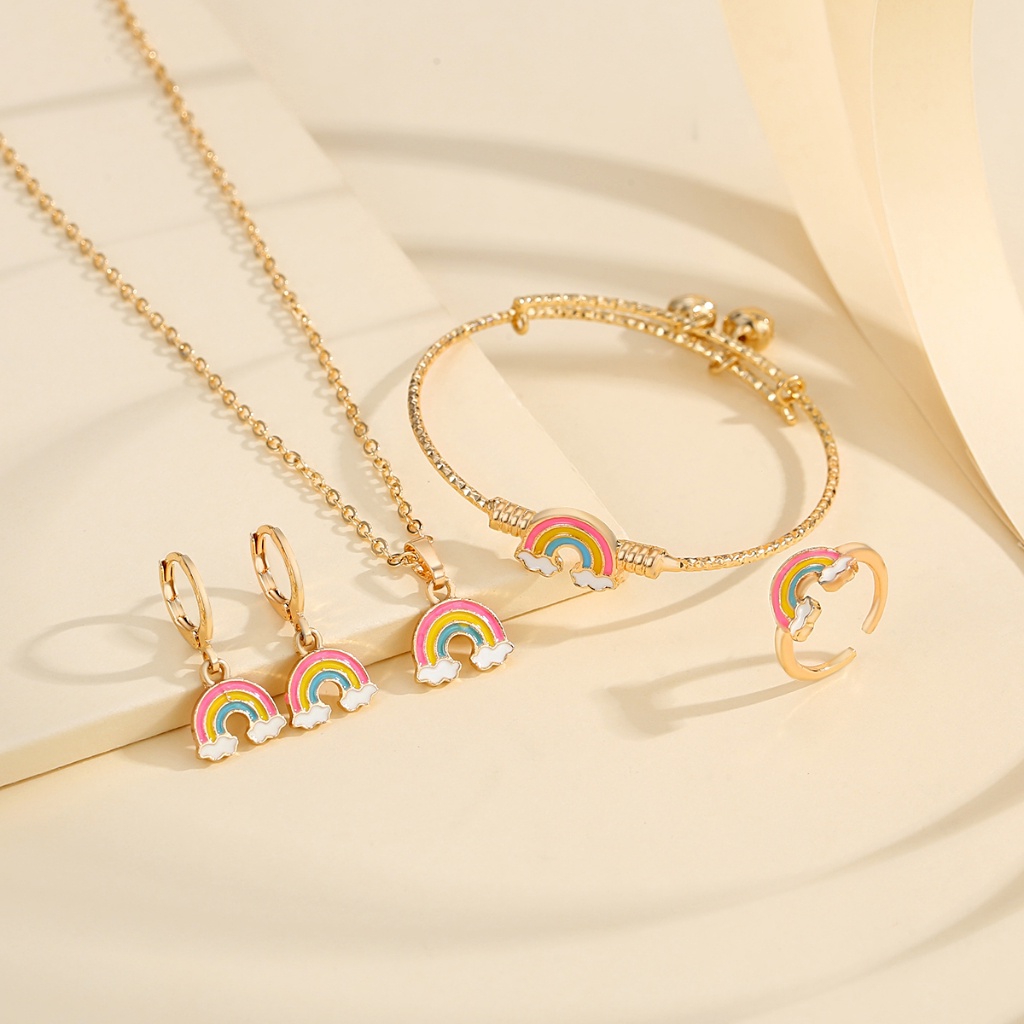 10M Y477 Set Perhiasan Anak Pelangi Titanium Asli Gelang Cincin Anting Set Anti Karat Aksesoris Anak