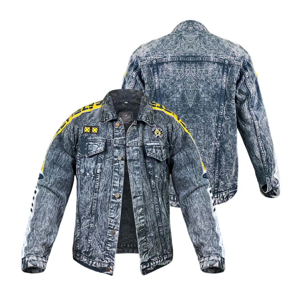 Jaket Jeans Pria Denim Jacket Distro Full Printing Motif Lis Kuning