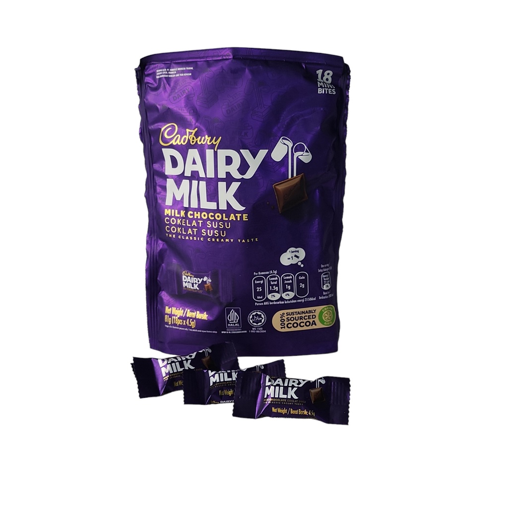 

Cadbury Dairy Milk POUCH - Netto 81 gr ( 18 pcs x 4,5 gr)