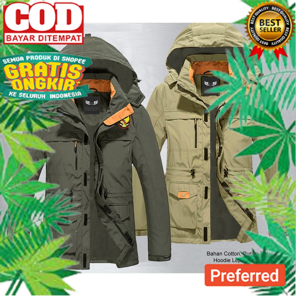 Jaket Parka Jeep Hijau Army Logo Garuda Bahan Baby Kanvas Hoodienya Dapat Dilepas Pasang Promo// ANA