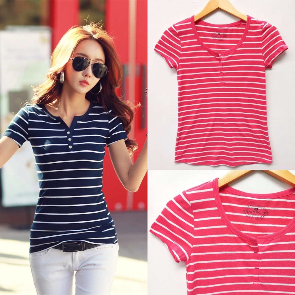 Spao Graphic Tee Women Stripe Pink (Hanya Warna Pink Saja)