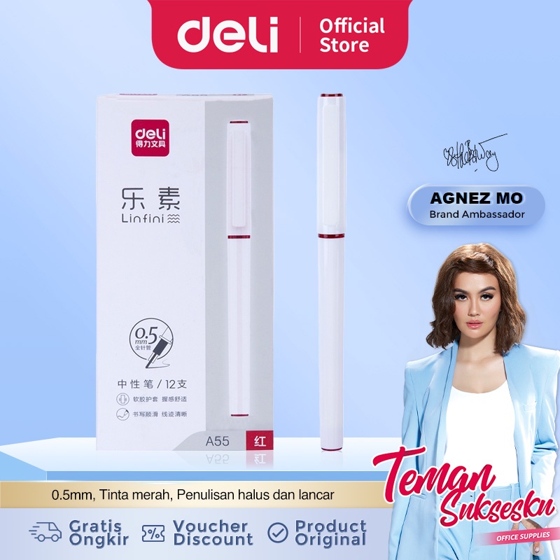

Deli Gel Pen / Pulpen Gel 0.5mm Tinta Merah Desain Elegan Penulisan Halus A55