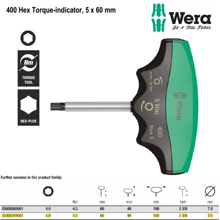 WERA Kunci T Hex Torque-Indicator 5x60mm 05005081001 Tip 5.0 Nm - 18Nm