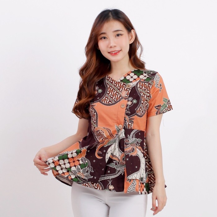 [Diskon] Baju Atasan Batik Kantor Modern Wanita Lengan Pendek ECHA BATIK TOP - Brown