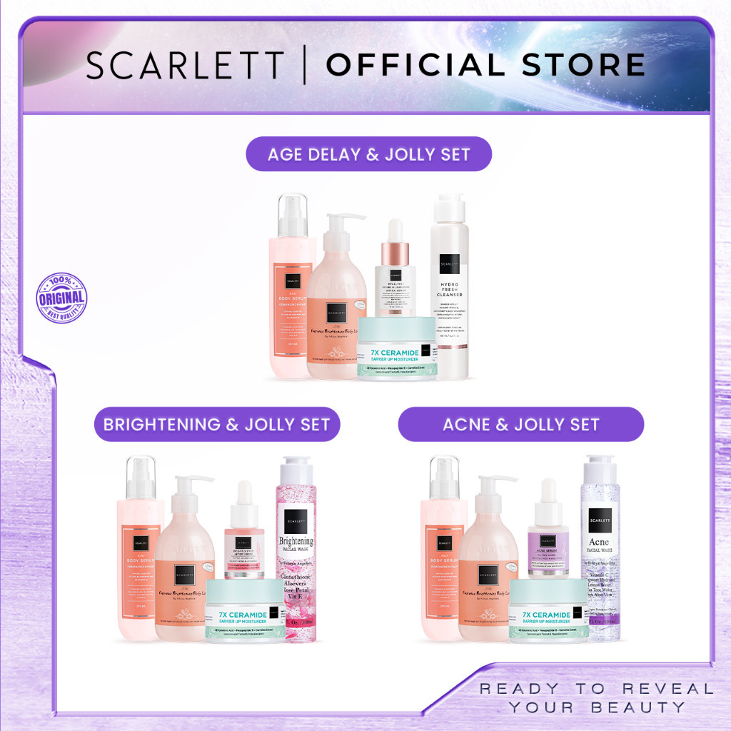 Scarlett Whitening 5Pcs - Facial Wash + Serum + Ceramide Moisturizer + Body Serum & Body Cream Jolly