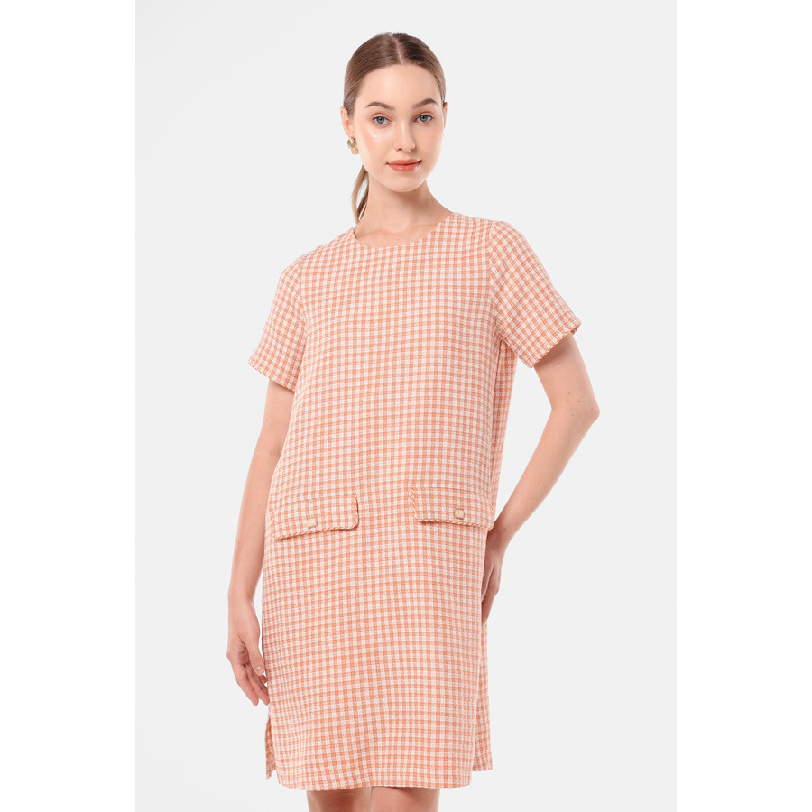 MINIMAL - Valentina - Dress Tweed Lengan Pendek Wanita - Orange