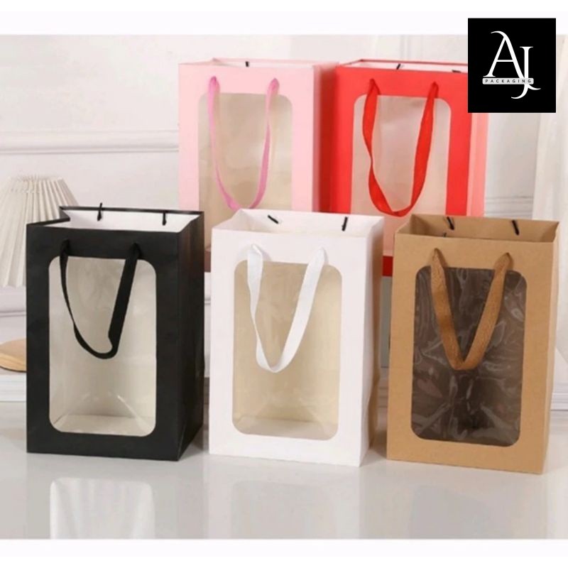

Paperbag jendela mika putih coklat merah Imlek Natal Lebaran goodiebag hamper souvenir simple elegan Imlek New Year Natal Lebaran