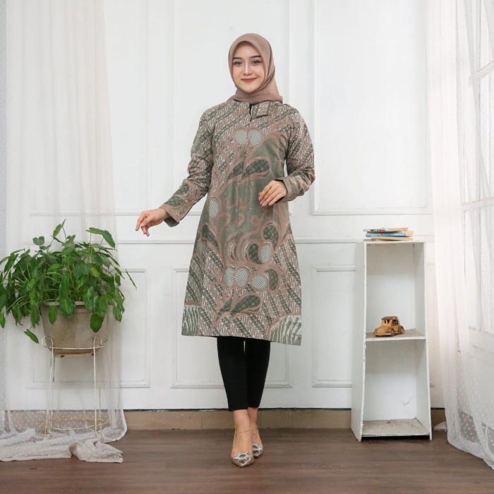 Baju Batik Wanita Tunik Modern Terbaru Warna Hijau Sage #03